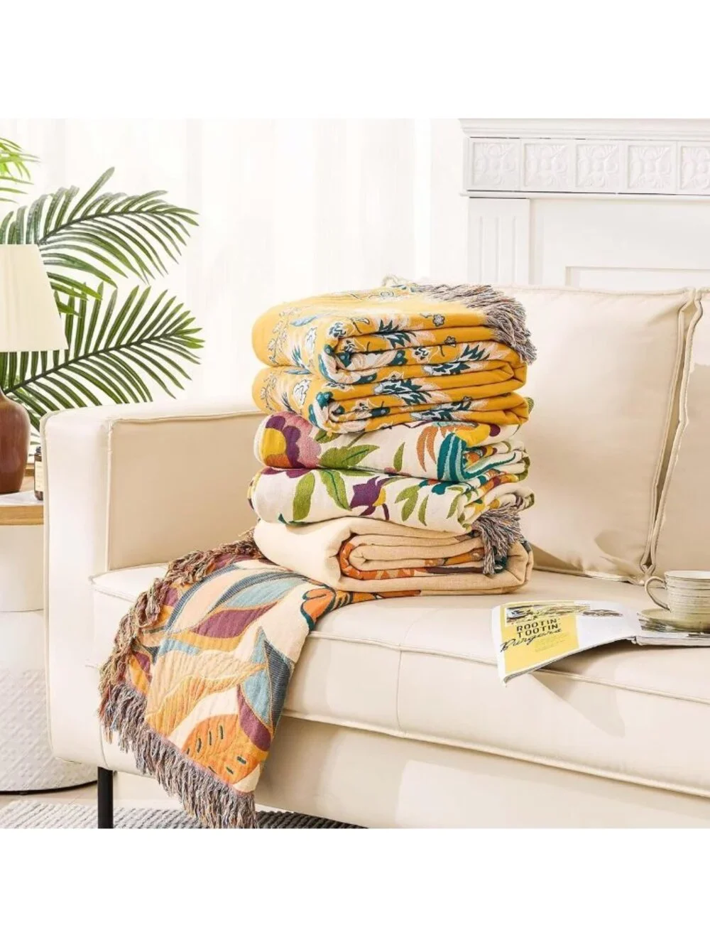 Cozy Boho Throw Blanket - 100% Cotton Ultra Soft Floral Quilt, All Season Decor